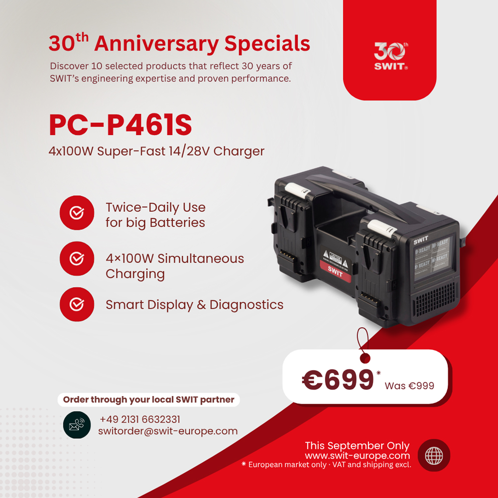 SWIT PC-P461S - 4ch x max 6A Top Fast Simultaneous 14V/28V Charger, V-Mount