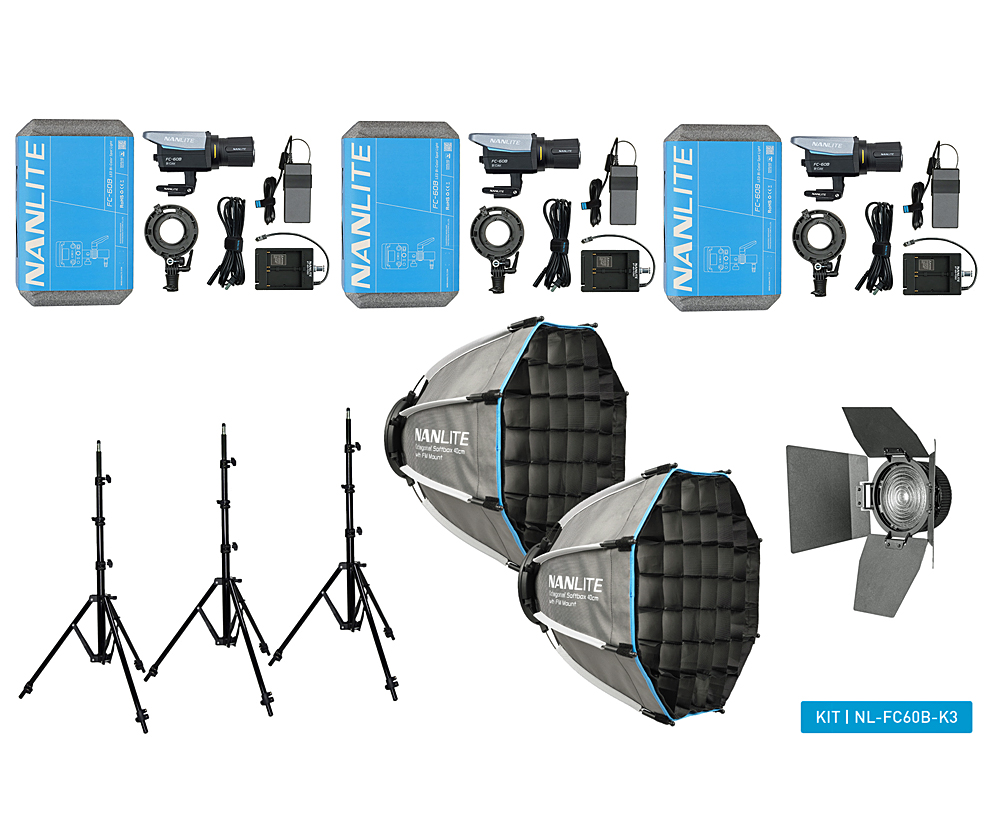 NANLITE FC-60B LED Bi-color Spot Light Triple Kit (w/ case, light stand, fresnel and softbox) NL-FC60B-K3