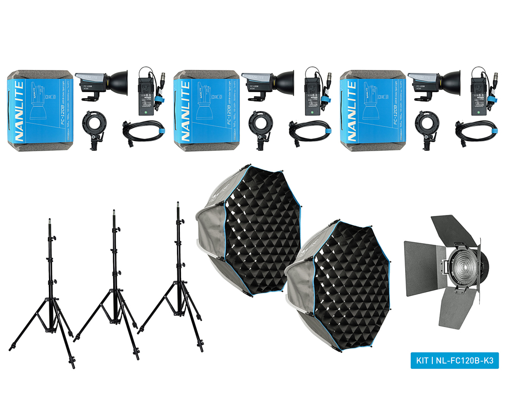 NANLITE FC-120B LED Bi-color Spot Light Triple Kit (w/ case, light stand, fresnel and softbox) NL-FC120B-K3
