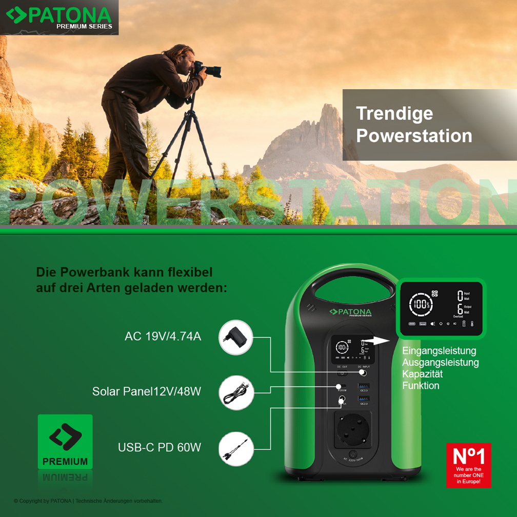 PATONA Premium Powerstation Outdoor 300  INCL. 4-fach Solarpanel 100W - TIEFSTPREIS