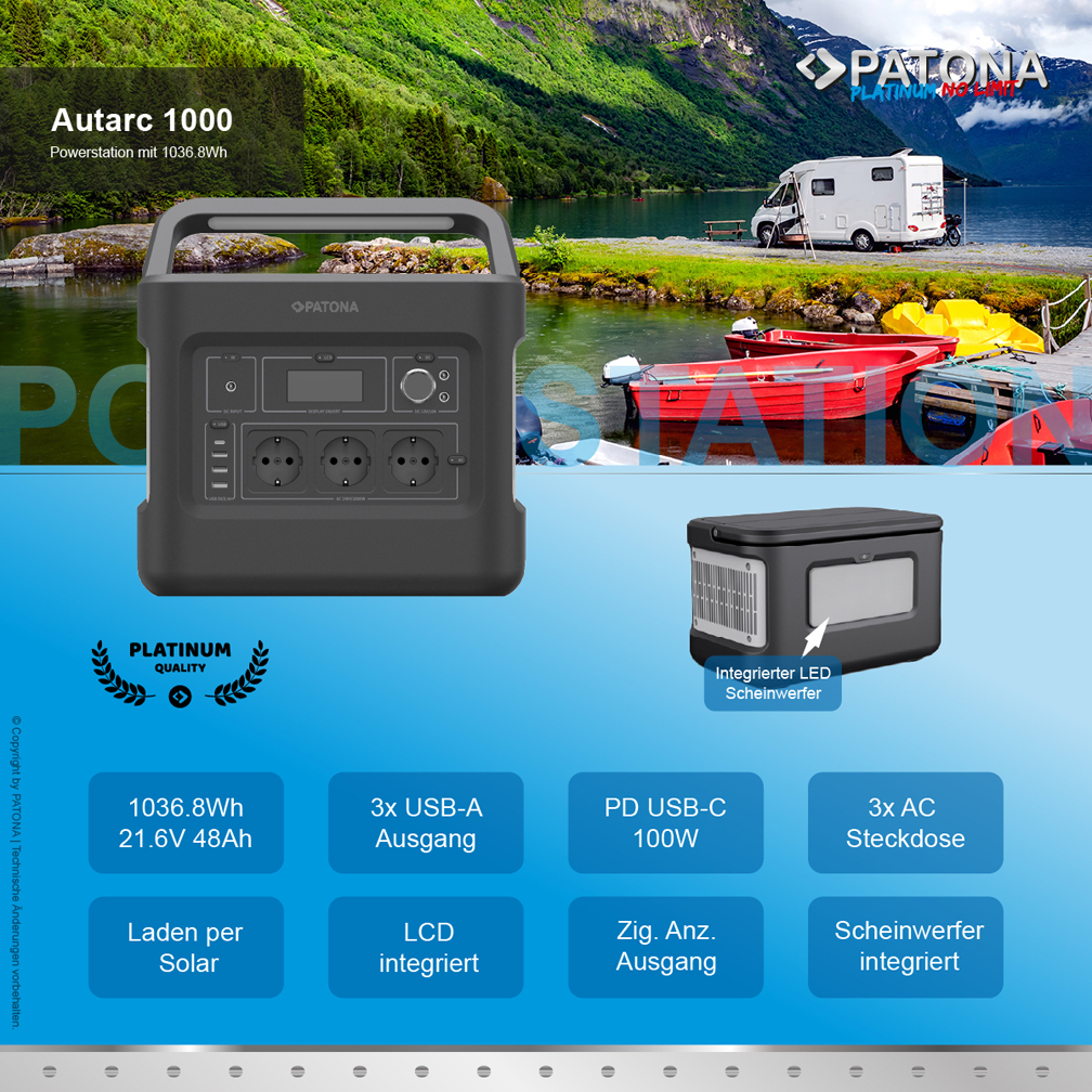 PATONA Platinum Powerstation  Autarc 1000  INCL. 4-fach Solarpanel 200W - TIEFSTPREIS