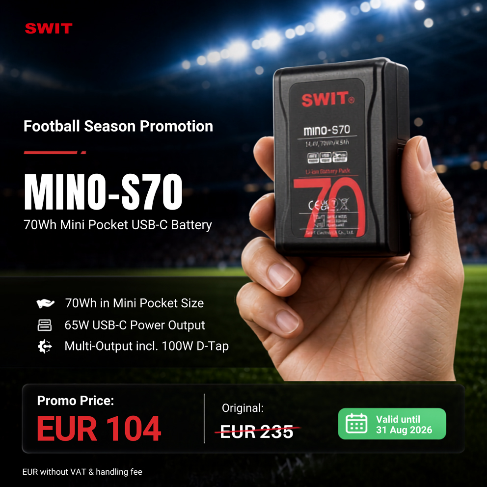 SWIT MINO-S70 USB-C 70-Wh-Mini-Akku, USB-A/USB-C/D-Tap, V-Mount mit 100W Dauerleistung 
