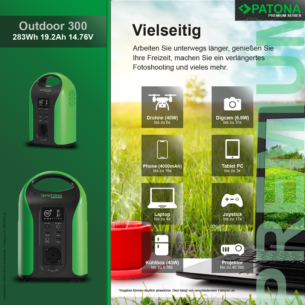 PATONA Premium Powerstation Outdoor 300  INCL. 4-fach Solarpanel 100W - TIEFSTPREIS